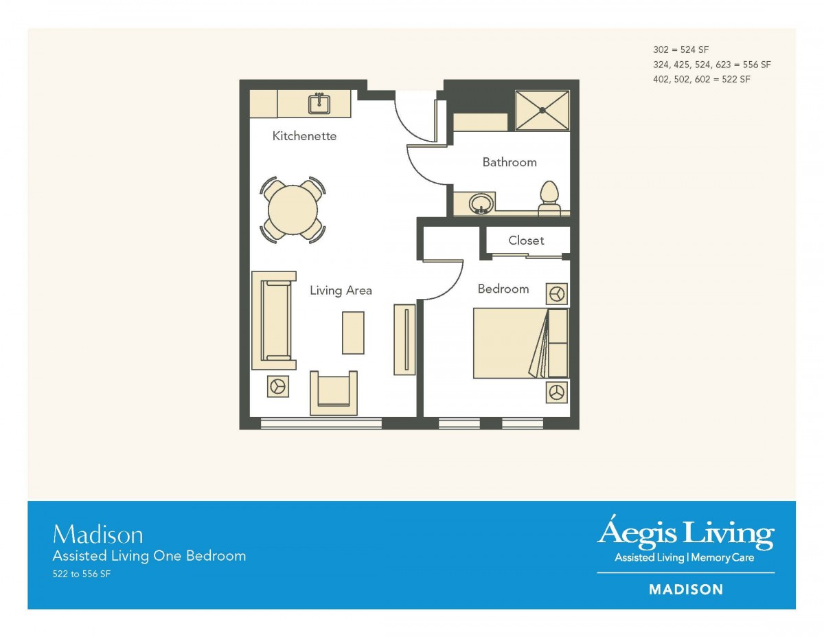 A one-bedroom apartment floor plan with living and dining areas.
