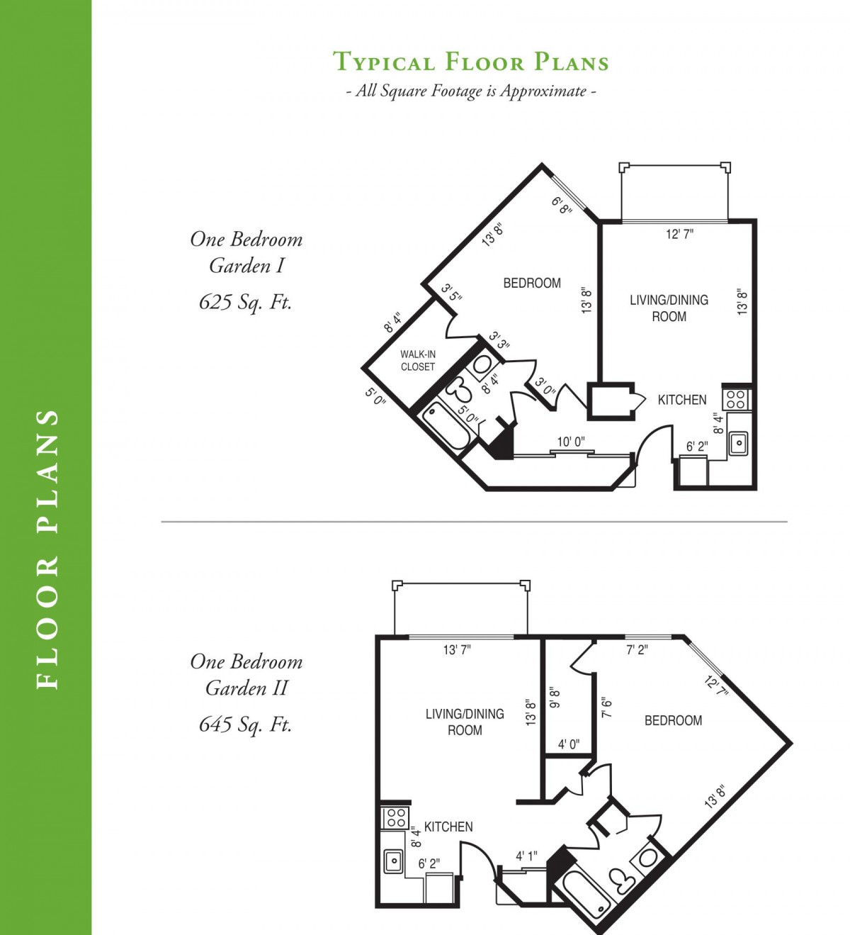 Floor plans for one-bedroom apartments labeled Garden I and Garden II.
