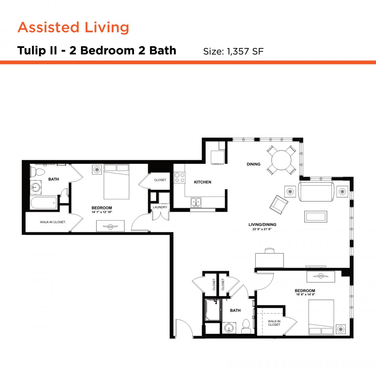 Floor plan of Tulip II featuring a 2-bedroom, 2-bath assisted living space.