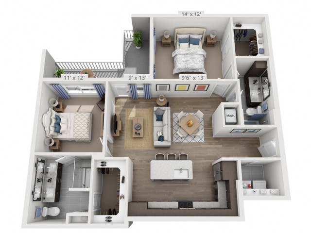 A 3D floor plan of a modern two-bedroom apartment featuring a living room, kitchen, bathroom, and balcony.