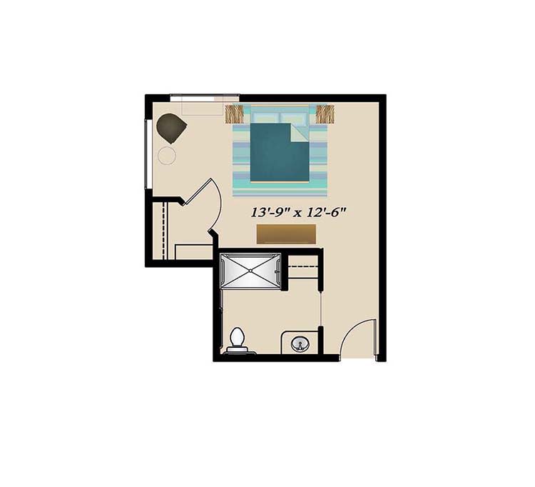 A floor plan of a studio apartment featuring a bedroom and bathroom.