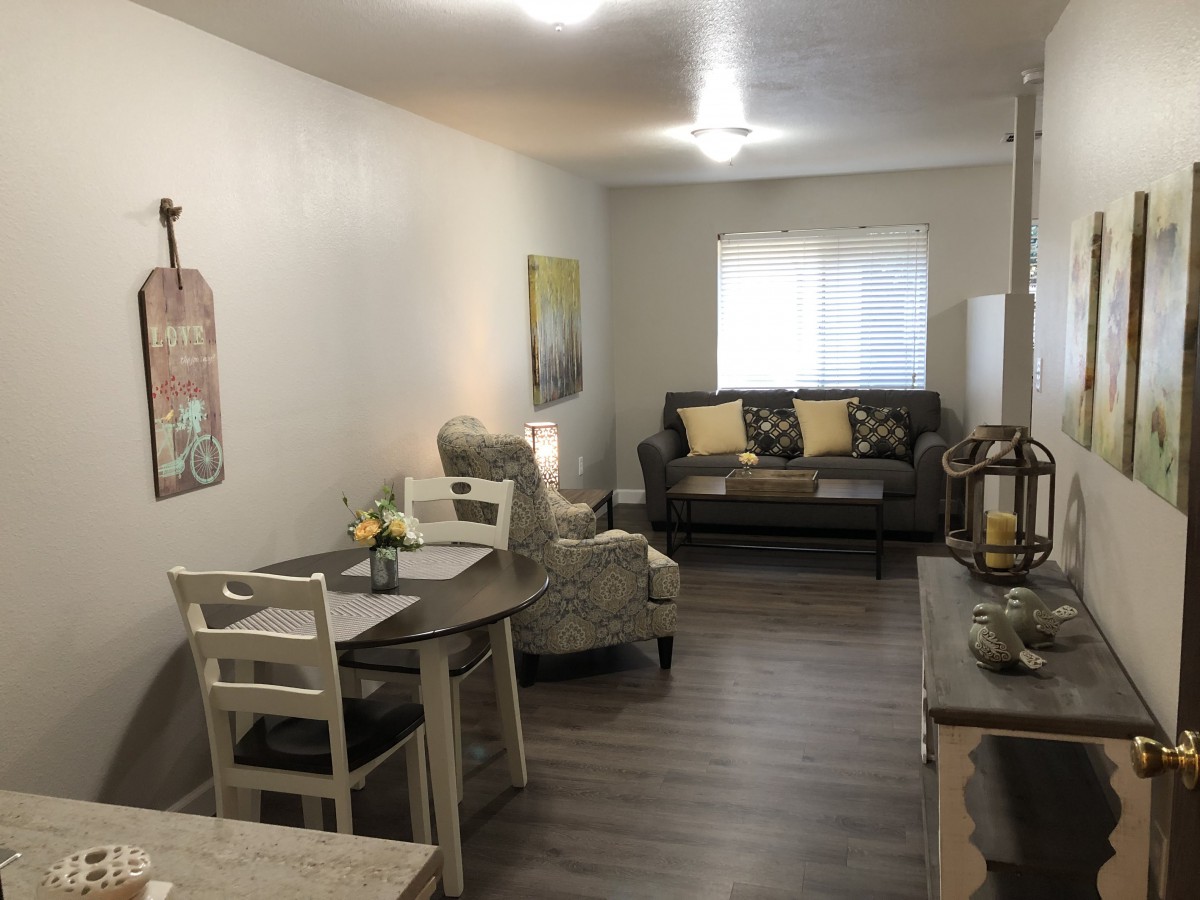 A cozy living room with a sofa, dining table, and stylish decor.