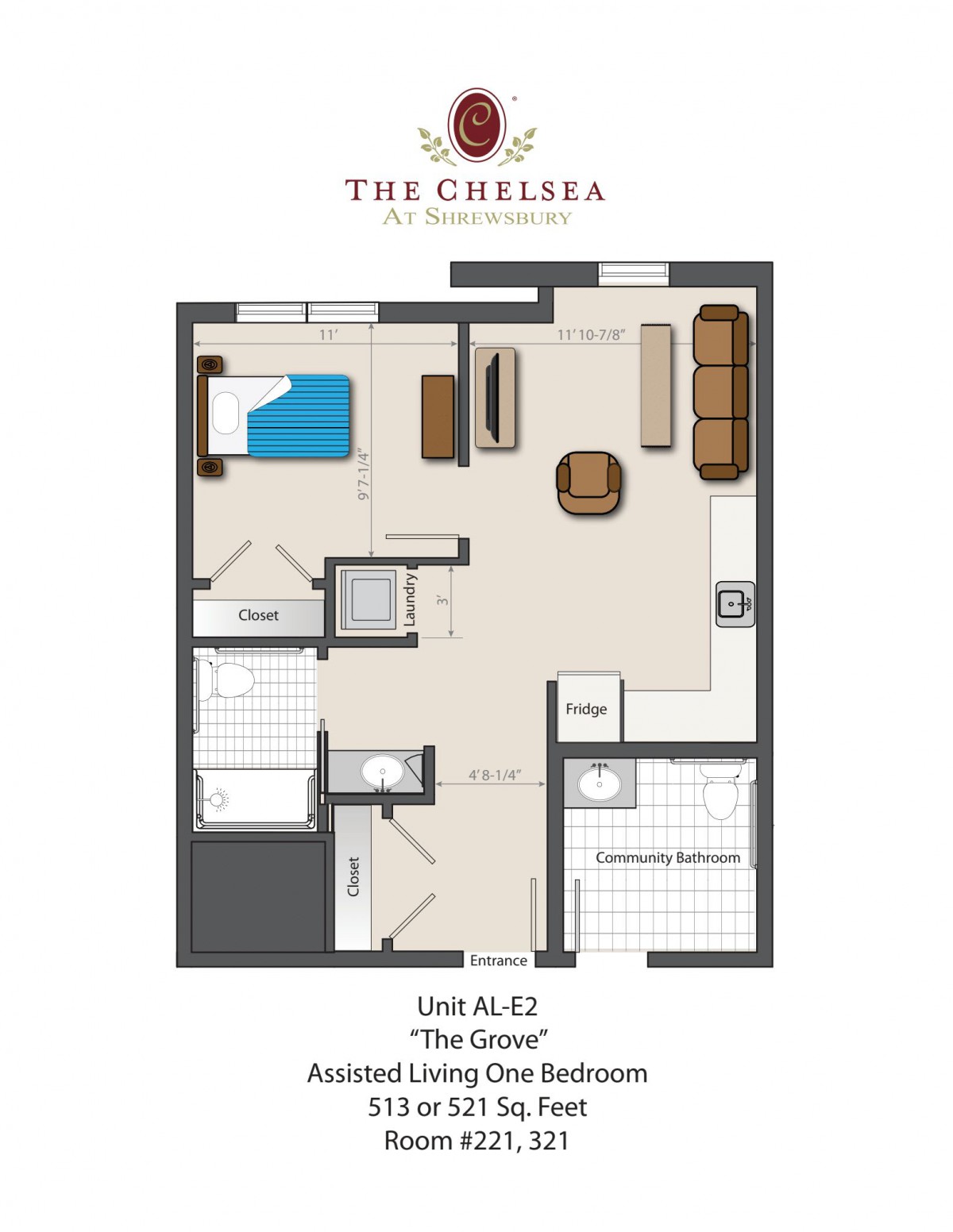 Floor plan of a one-bedroom assisted living unit.