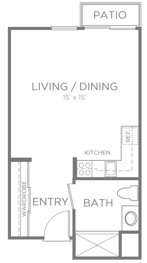 A simple apartment floor plan featuring a living/dining area, kitchen, bathroom, and entryway.
