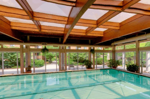 A serene indoor swimming pool bathed in natural light, surrounded by lush greenery.