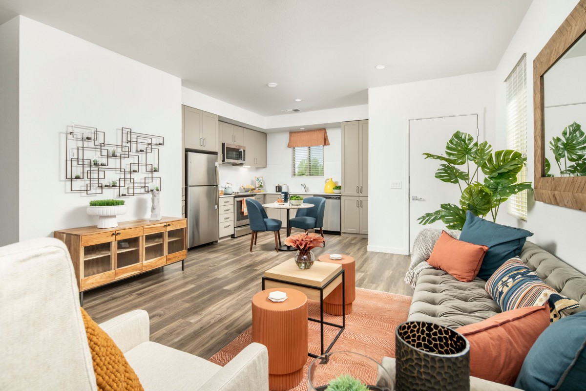 A modern open-concept living room and kitchen with stylish decor and furniture.