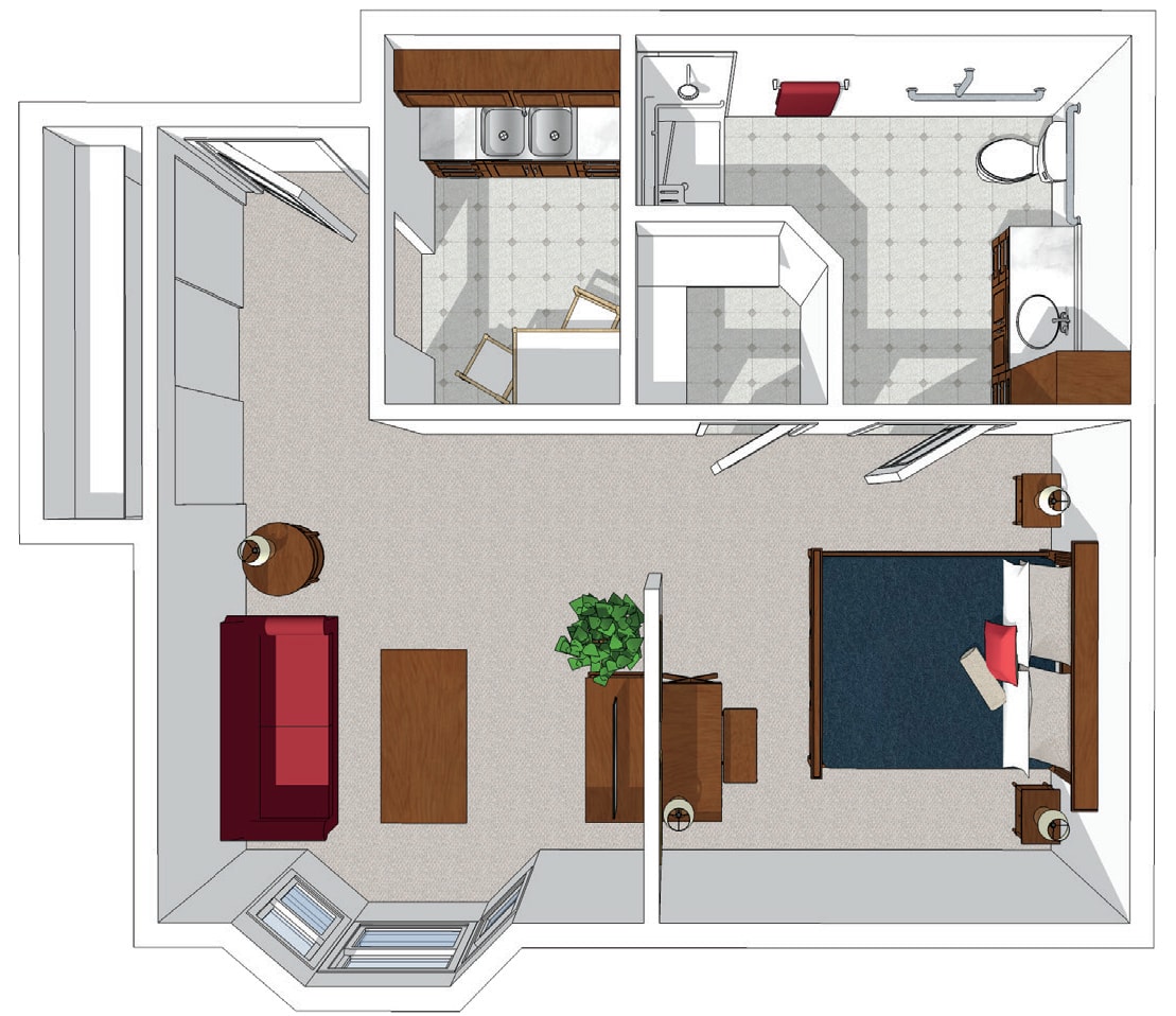 A floor plan of a one-bedroom apartment featuring a living room, kitchen, bathroom, and a bedroom with furniture layout.