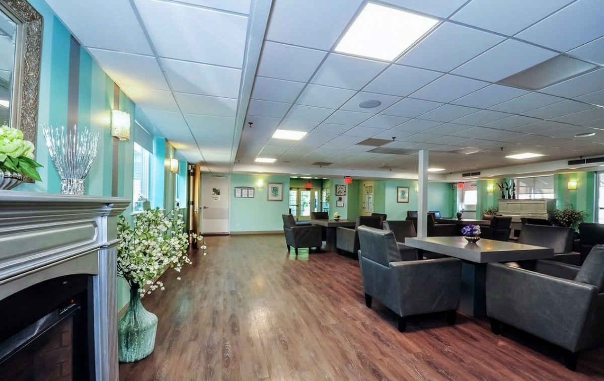 A modern lounge with comfortable seating and elegant decor.