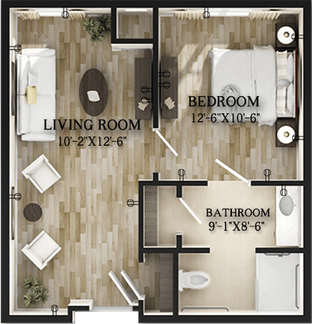 A visual floor plan showing a compact apartment with a living room, bedroom, and bathroom.