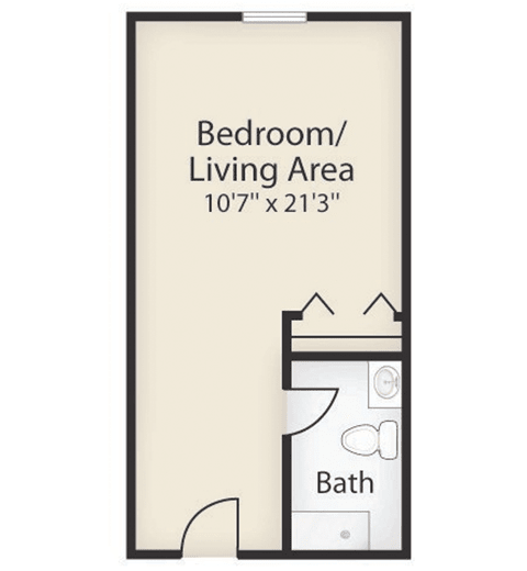 Studio apartment floor plan with bedroom/living area and bathroom.