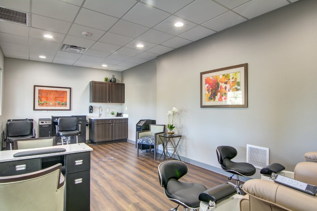 A modern office interior with comfortable seating and stylish decor.
