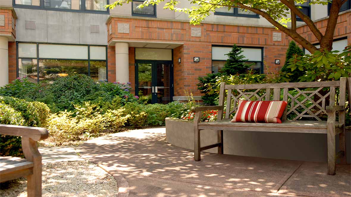 A peaceful garden area with a bench and greenery in front of a building.