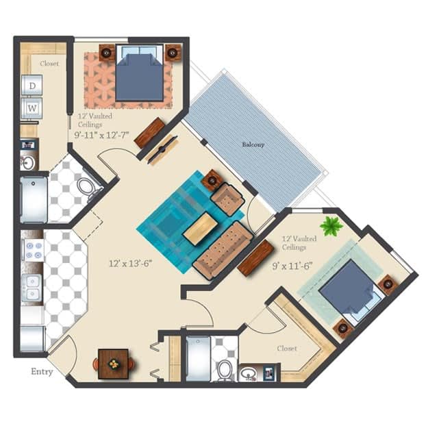 A floor plan of a two-bedroom apartment with a living room, kitchen, bathroom, and balcony.