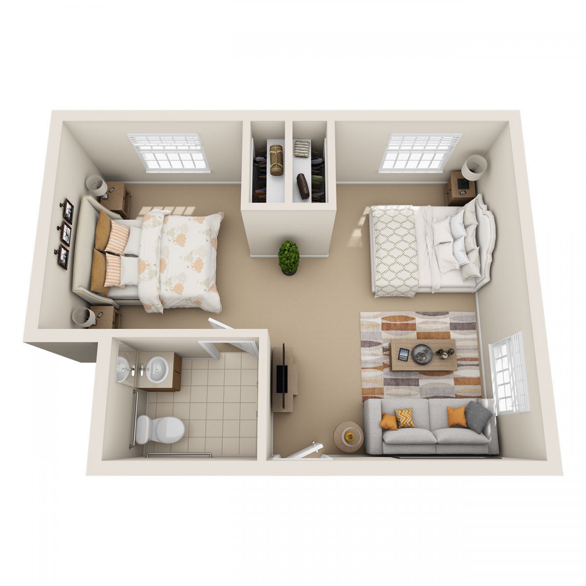 A 3D floor plan of an apartment featuring two bedrooms, a shared living area, and a bathroom.