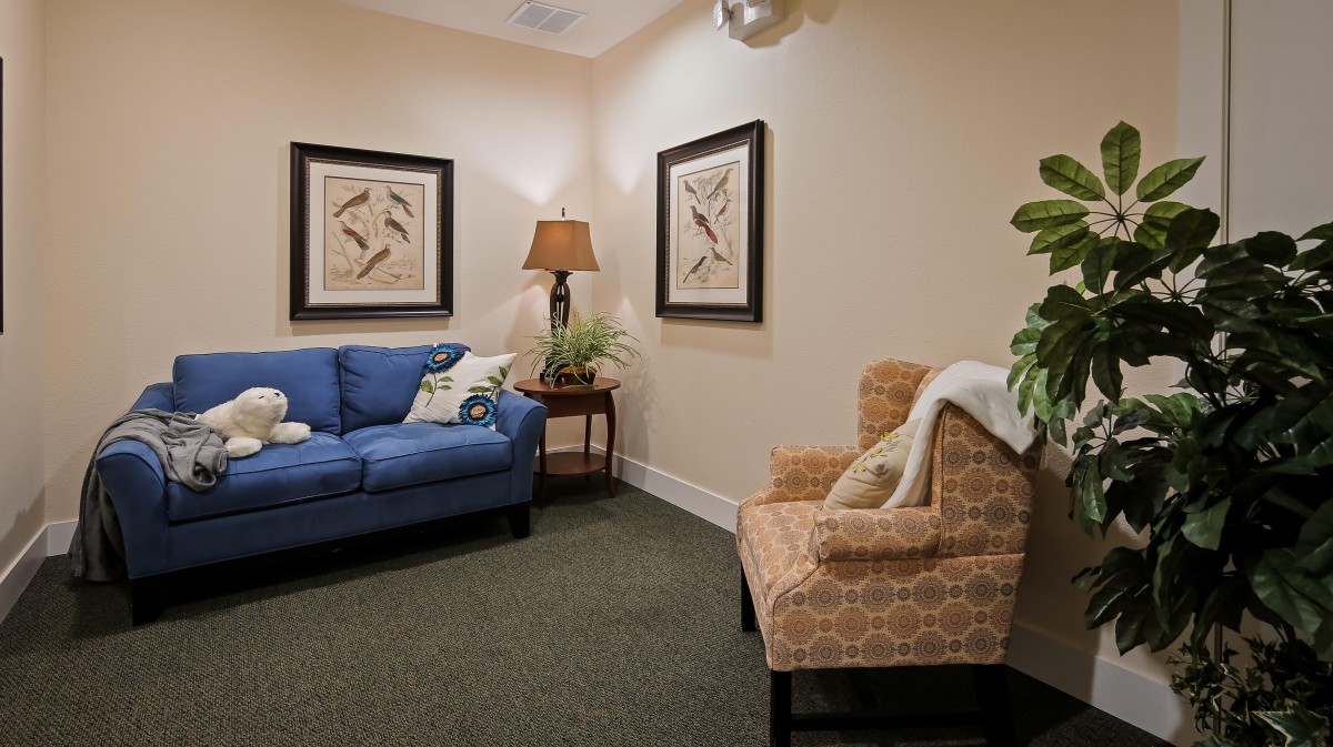 A cozy living room with a blue sofa, patterned chair, artwork, and a floor lamp.