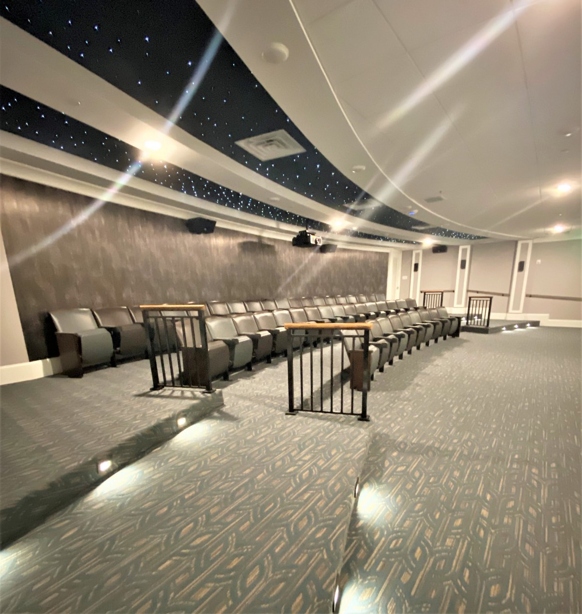 A modern theater interior with tiered seating and a sleek design.