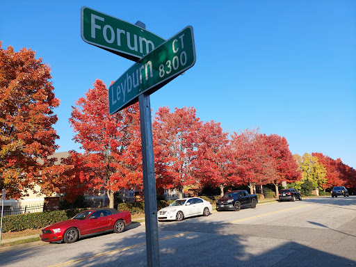 A vibrant autumn scene showcasing colorful trees at the intersection of Forum Ct and Lindbum St.