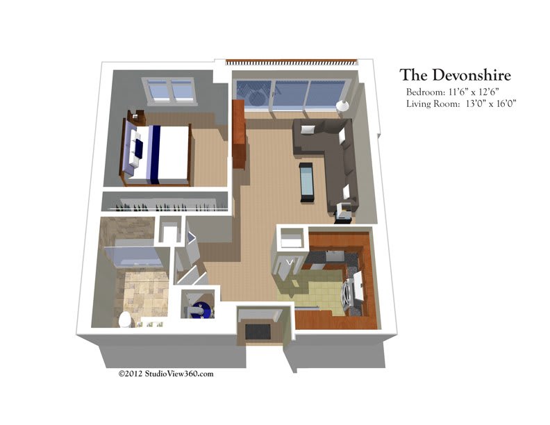 3D floor plan of a one-bedroom apartment including a living room, kitchen, and bathroom.