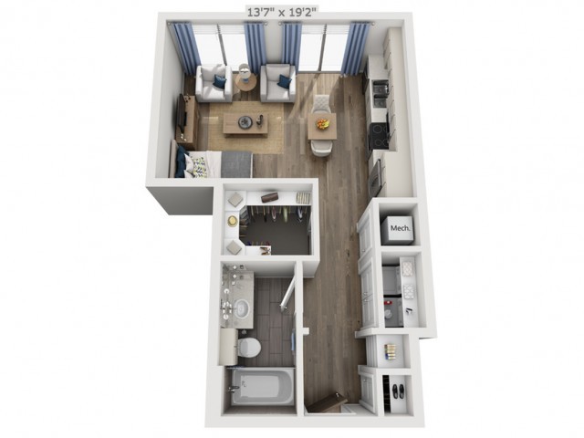 A 3D floor plan of a one-bedroom apartment featuring a living room, kitchen, and bathroom.