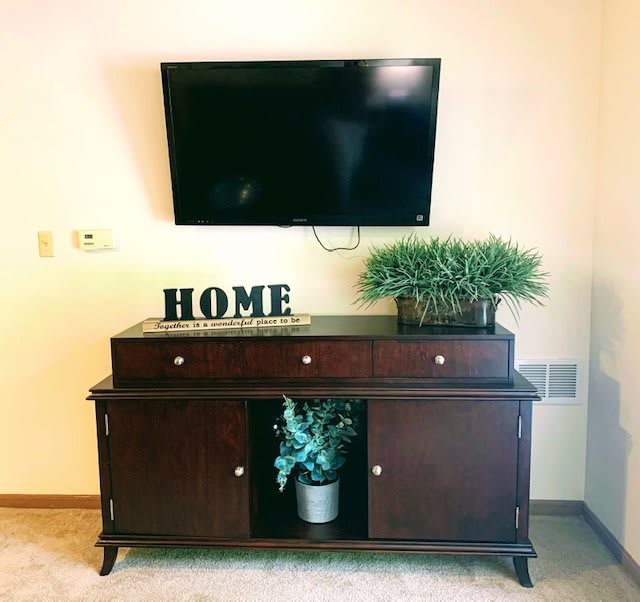 A cozy living room setup with a wall-mounted TV above a wooden console table adorned with decorative plants and a 'HOME' sign.