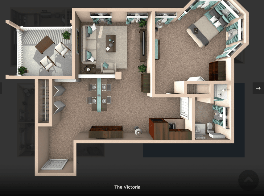 A detailed 3D floor plan of an apartment showcasing the living room, bedroom, and kitchen areas.