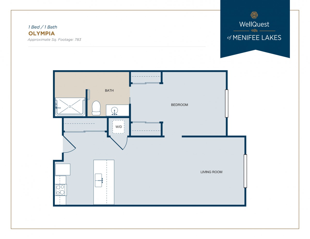 A floor plan of a one-bedroom apartment featuring a living room and kitchen.