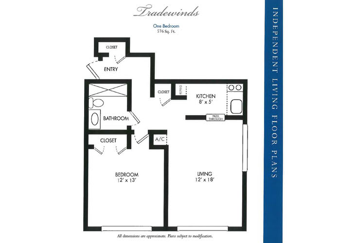 Layout of a one-bedroom apartment with kitchen, living area, bathroom, and closet.