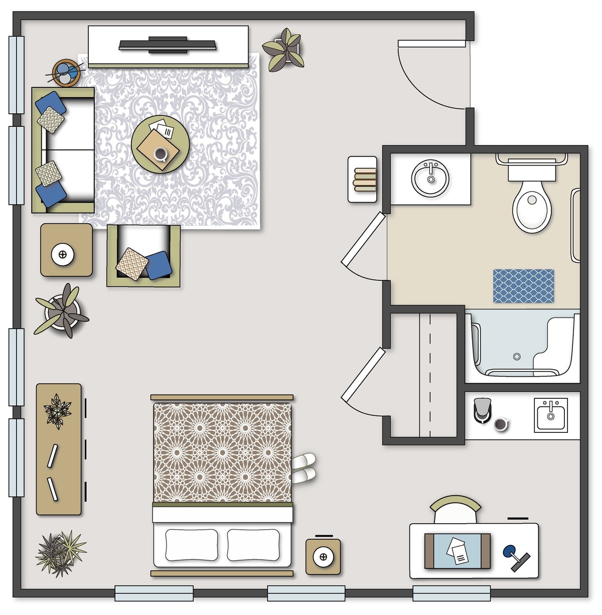 Studio apartment floor plan illustrating furniture placement and room layout.