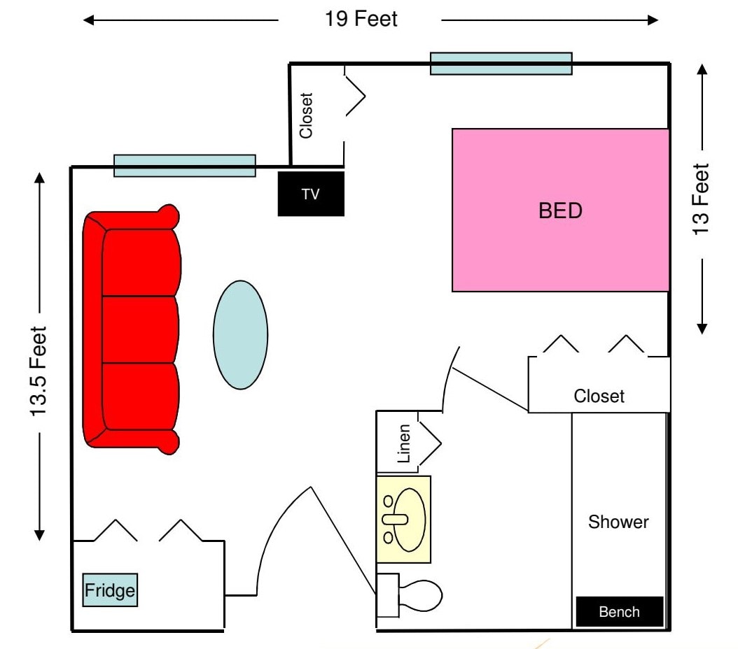 A simple floor plan of a small apartment including a living area with a sofa and TV, bedroom with a bed, and bathroom.