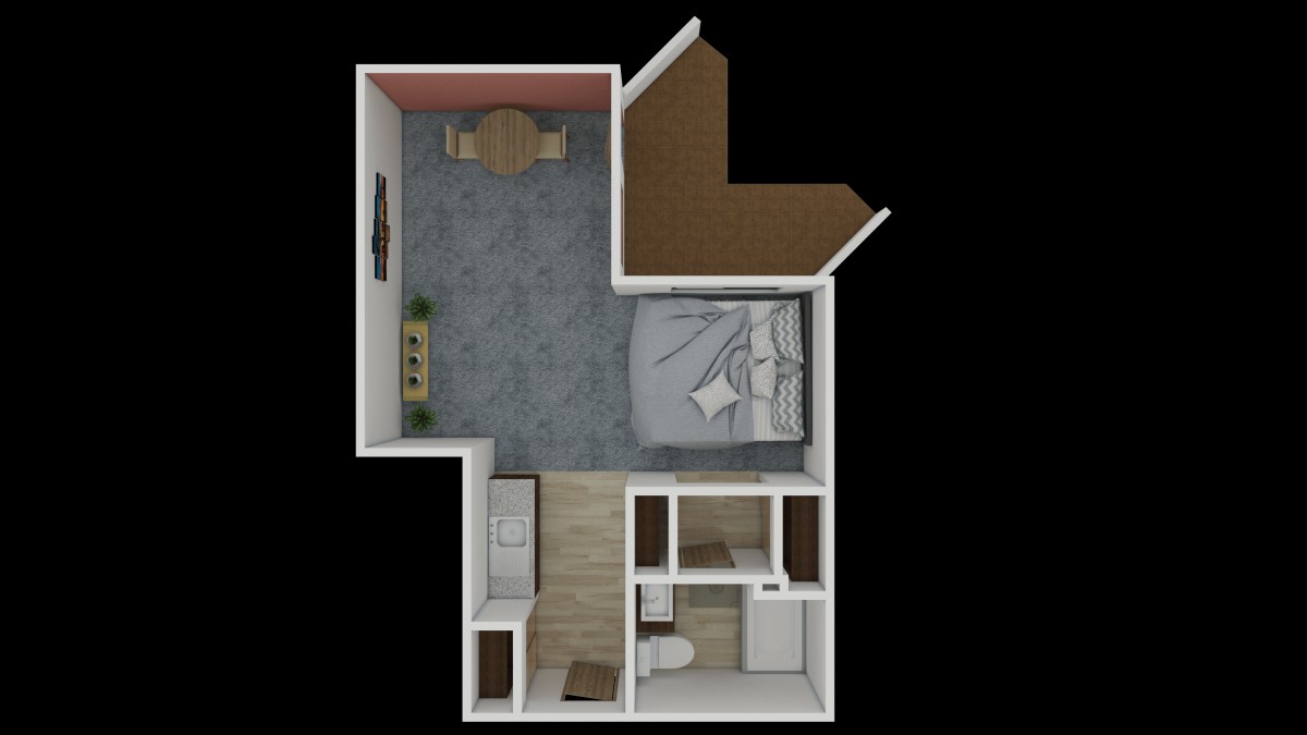 A floor plan of a small apartment featuring one bedroom, a living room, kitchen, and bathroom.