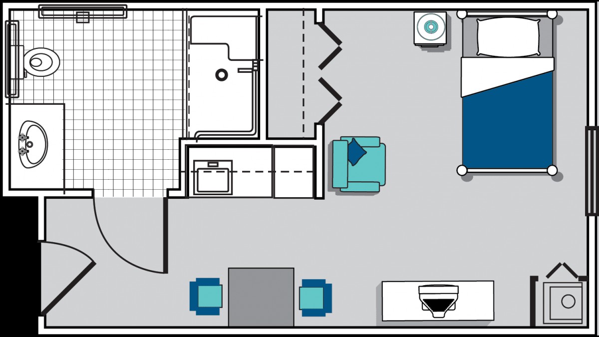 A schematic floor plan showcasing the layout of a small apartment with living and bathroom areas.
