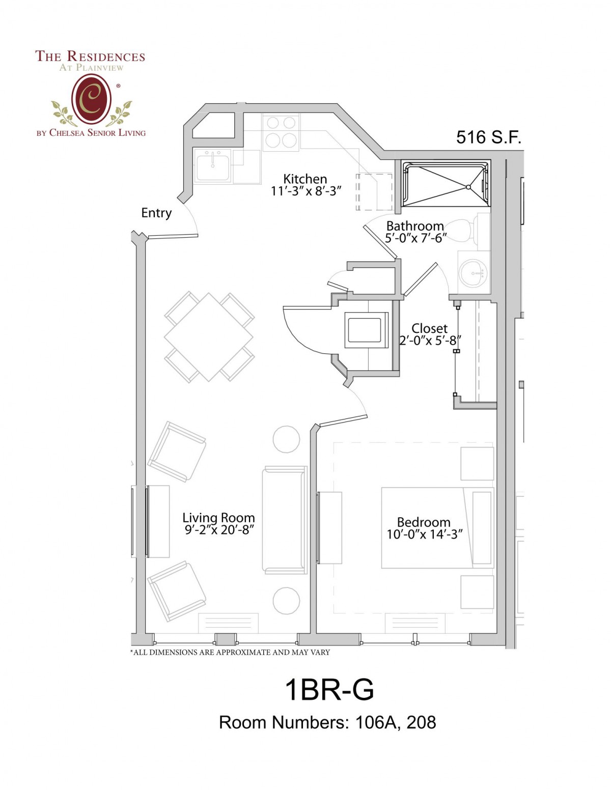 A floor plan of a one-bedroom apartment with an open living and dining area.
