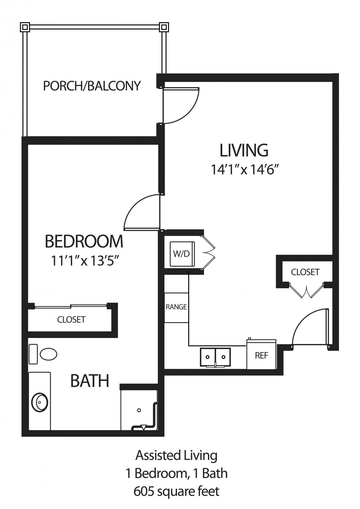 A floor plan of a one-bedroom apartment featuring a living room, kitchen, bathroom, and balcony.