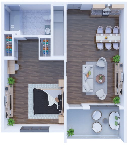 A detailed floor plan of an apartment showcasing a bedroom, living room, dining area, and kitchen with furniture arrangement.