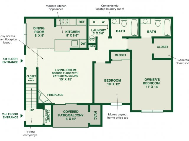 A detailed floor plan of a two-bedroom apartment including a living room, kitchen, dining area, bathrooms, and other amenities.