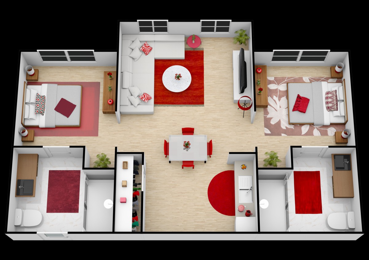 A top-view floor plan of a modern apartment with red and white interior accents.