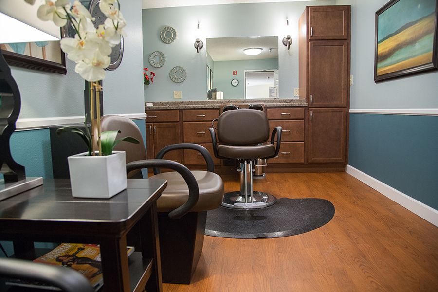 A well-appointed hair salon interior featuring a styling chair, mirror, and elegant decor.