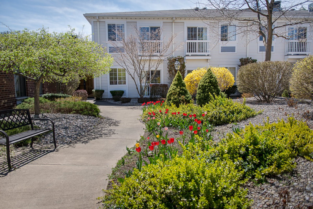 A beautifully landscaped garden pathway leading to a residential building, adorned with colorful flowers and lush shrubs.