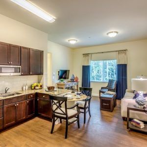 A modern apartment interior featuring a cozy kitchen and dining area, seamlessly connected to a living room space.