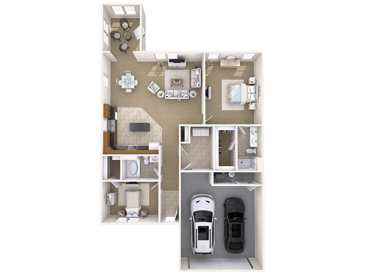 A detailed floor plan of a two-bedroom house with an attached garage.