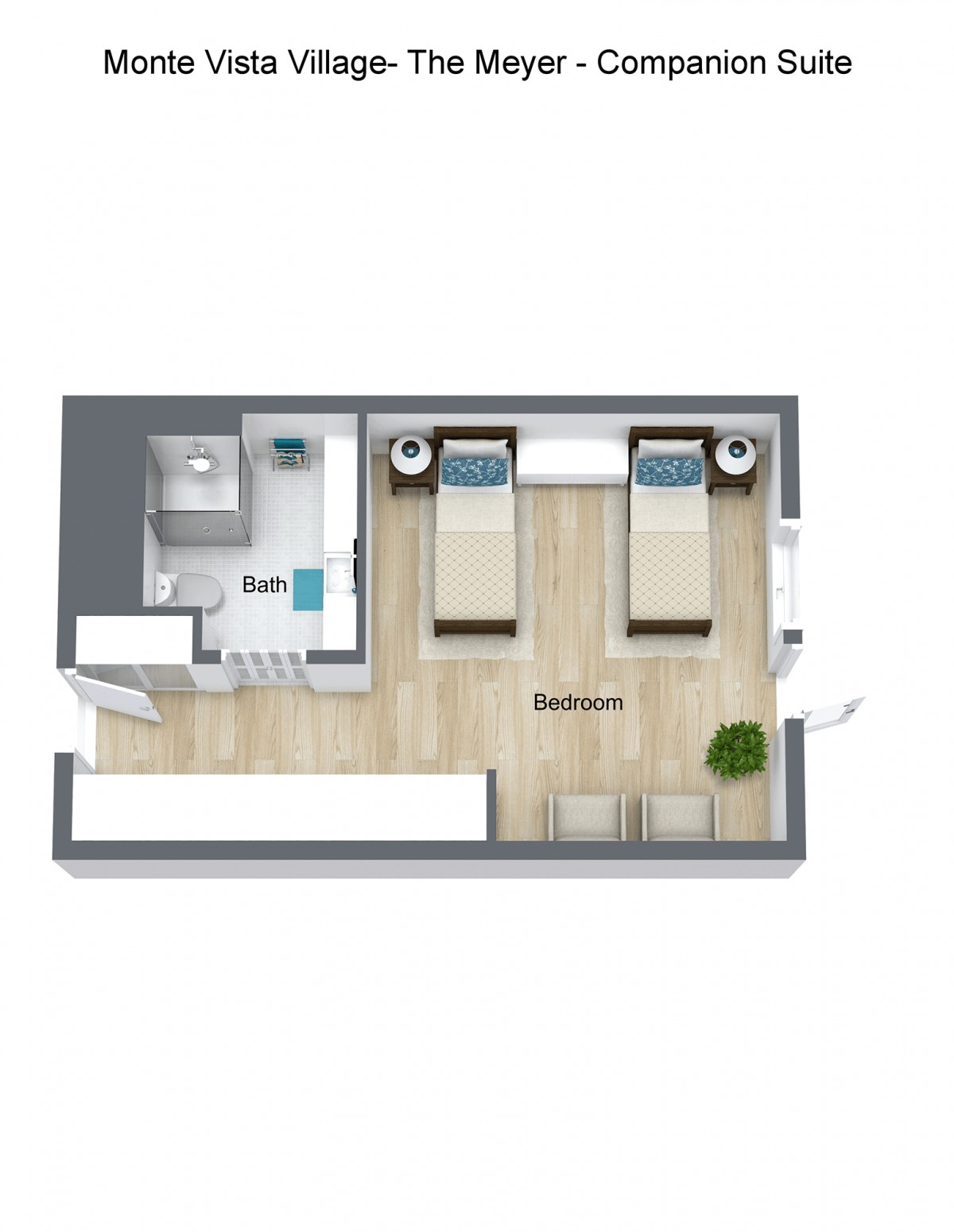 A modern bedroom floor plan featuring two single beds, a bathroom, and minimalist decor.