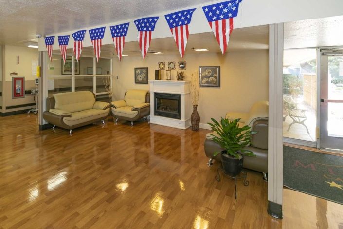 A cozy living room decorated with American flag banners and modern furniture.