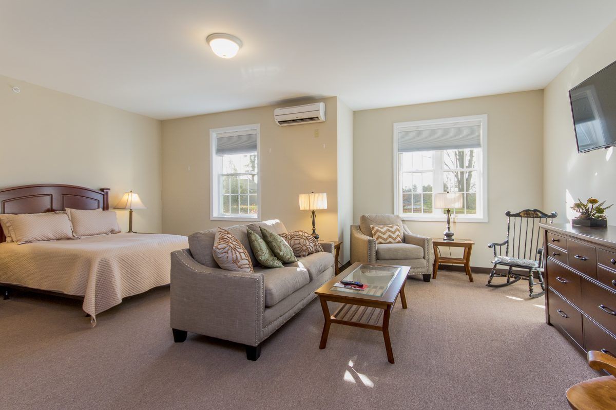 A cozy living space featuring a sofa and bed, with ample natural light from two windows.