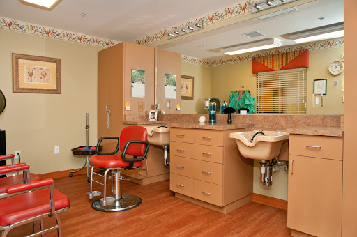 A well-organized salon space featuring styling chairs and workstations.