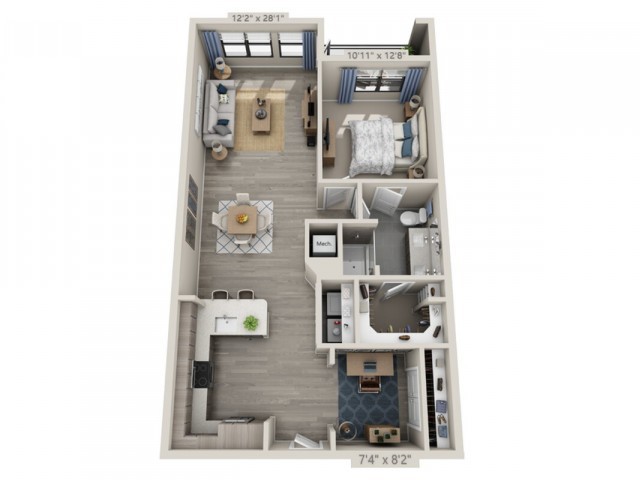 A 3D floor plan of a one-bedroom apartment featuring a living room, kitchen, and bathroom.