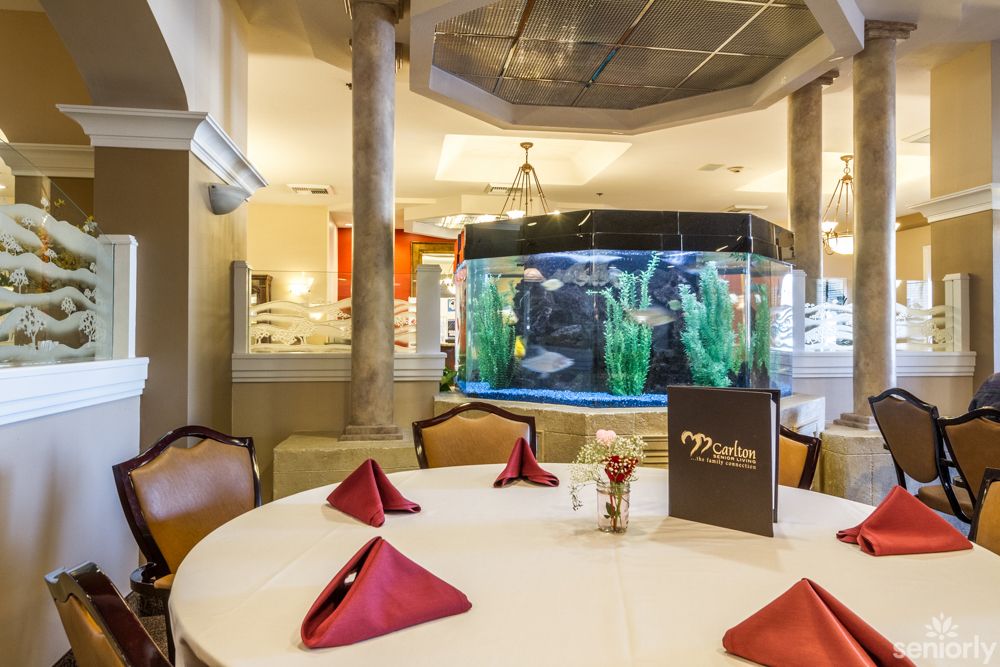 A beautifully set dining table inside a restaurant with an aquarium in the background.
