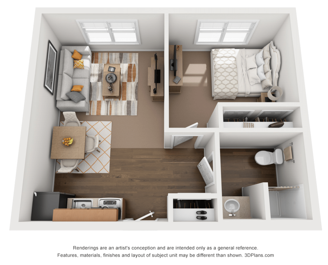 A 3D floor plan of a one-bedroom apartment featuring a living room, kitchen, bedroom, and bathroom.