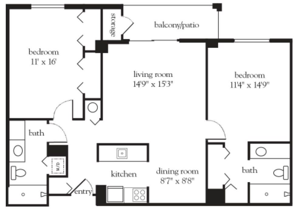 A detailed floor plan of an apartment showing the layout of rooms including the living room, kitchen, dining room, bathrooms, and bedrooms.