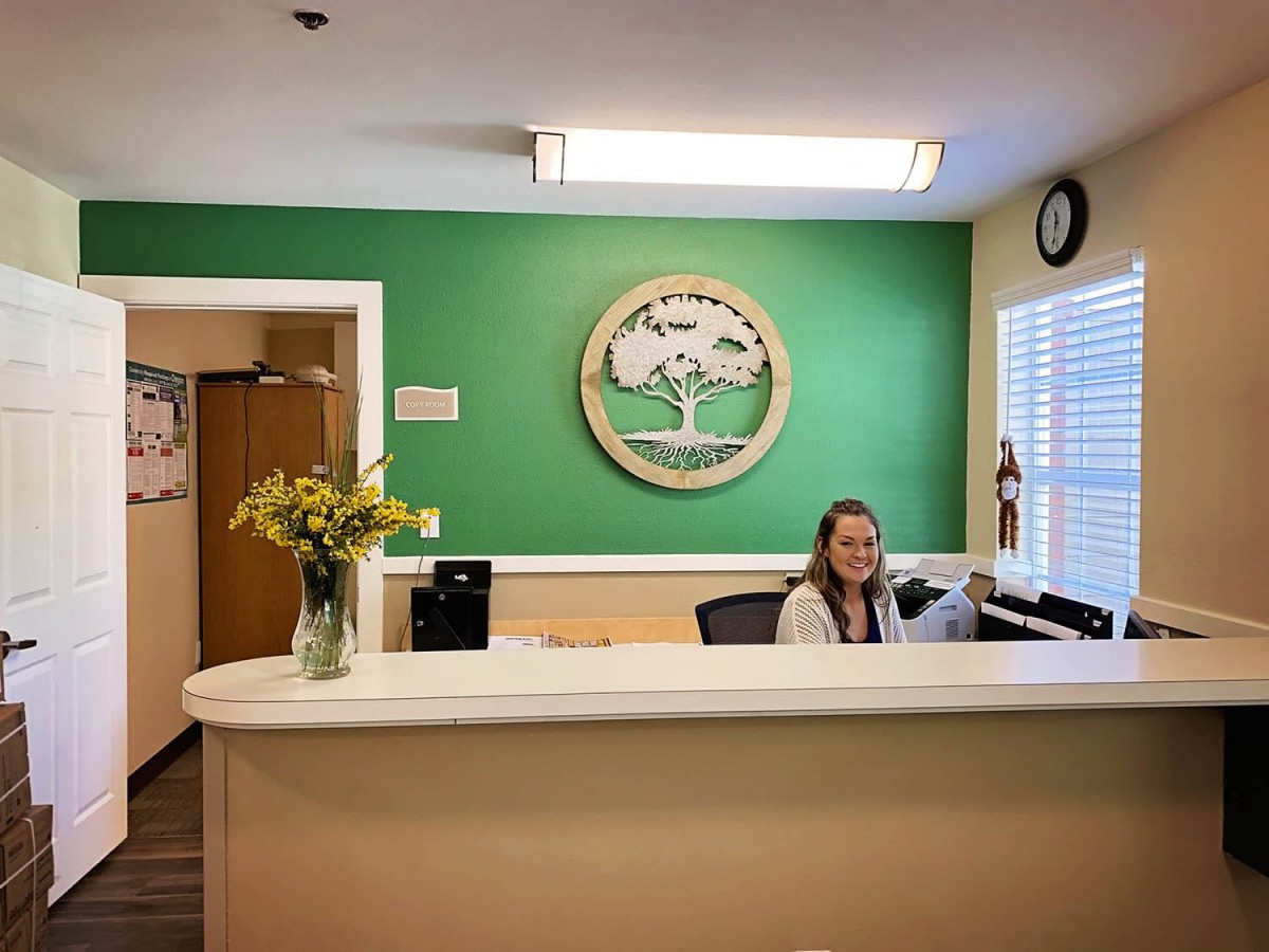 A receptionist sitting at a desk in a welcoming office environment with green walls and a decorative logo.