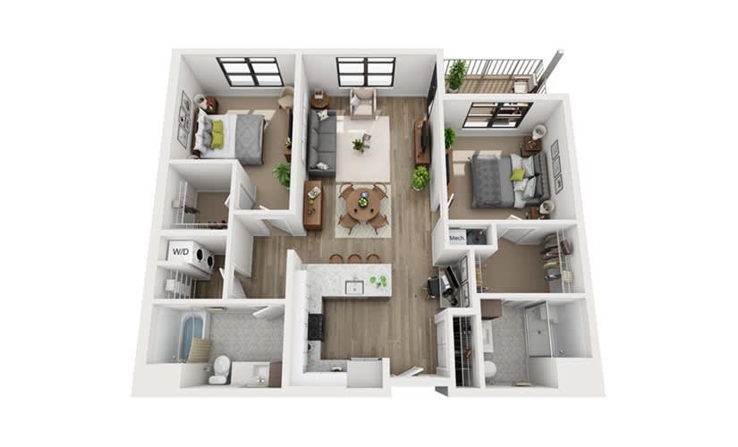 A detailed floor plan of a modern apartment featuring two bedrooms, a living room, kitchen, and bathroom.